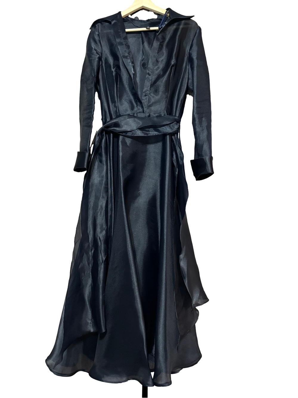 Betsy & Adam Black Satin Long Sleeve Wrap Dress with Tie